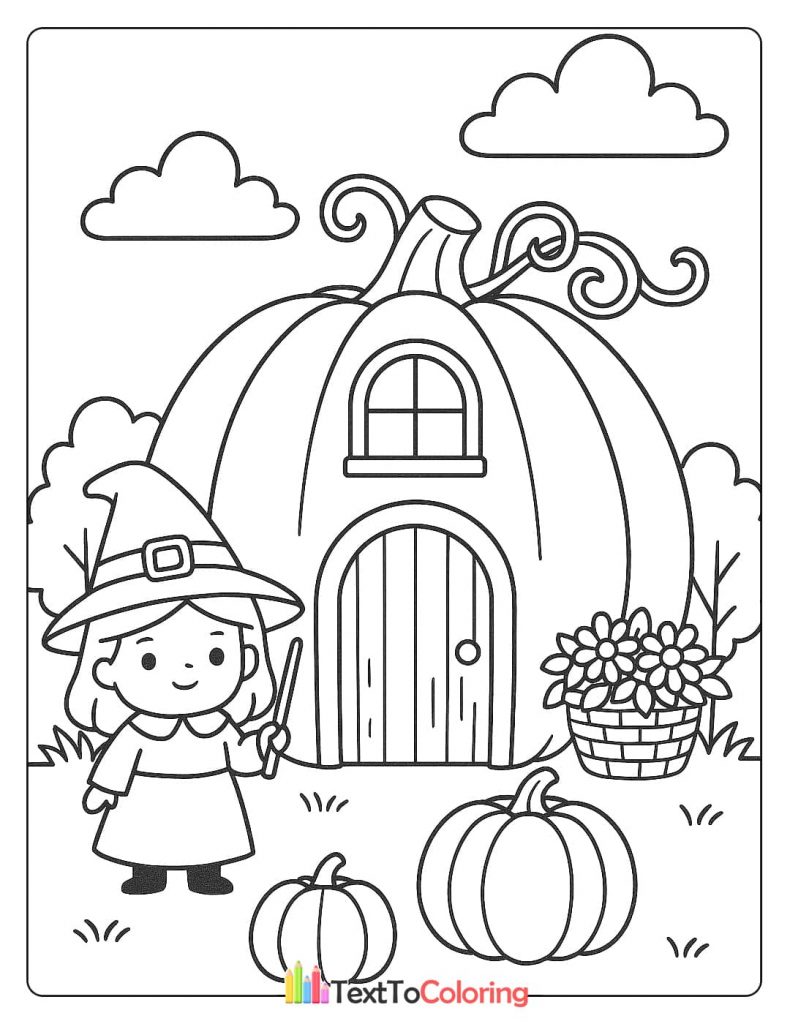 A little witch with a wand stands in front of a pumpkin house.