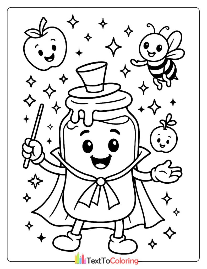 A coloring page of a honey jar dressed as a magician, surrounded by stars, a bee, and apples.