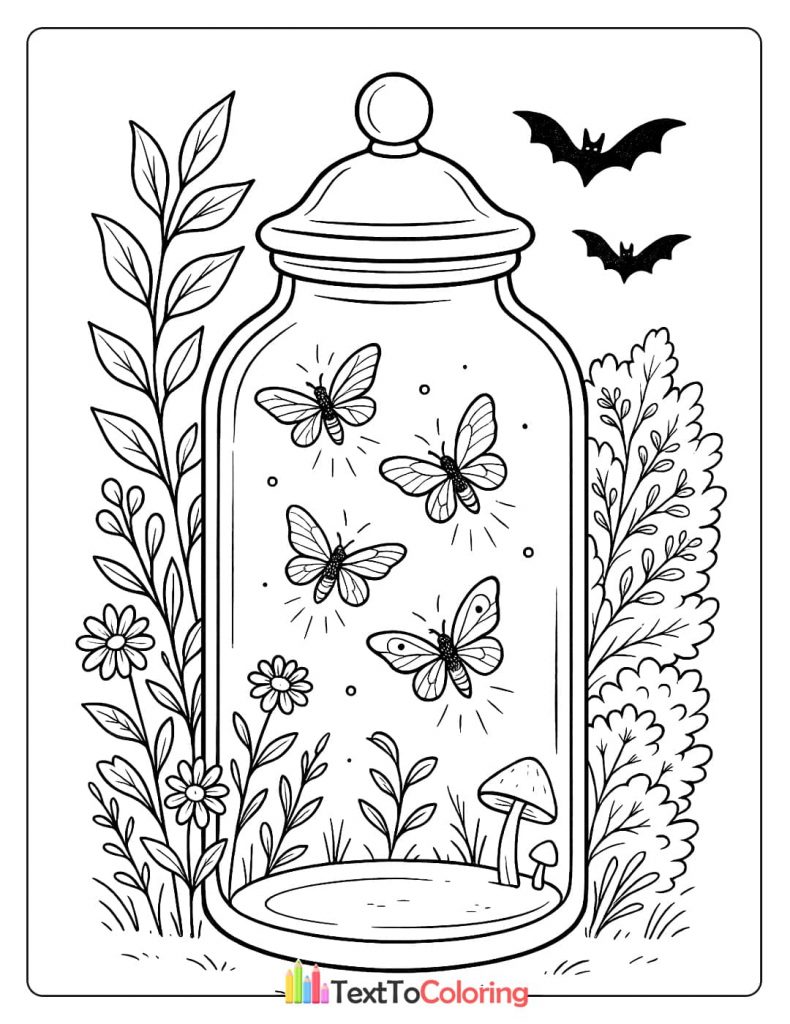 A large glass jar filled with glowing butterflies, with plants and two bats outside.
