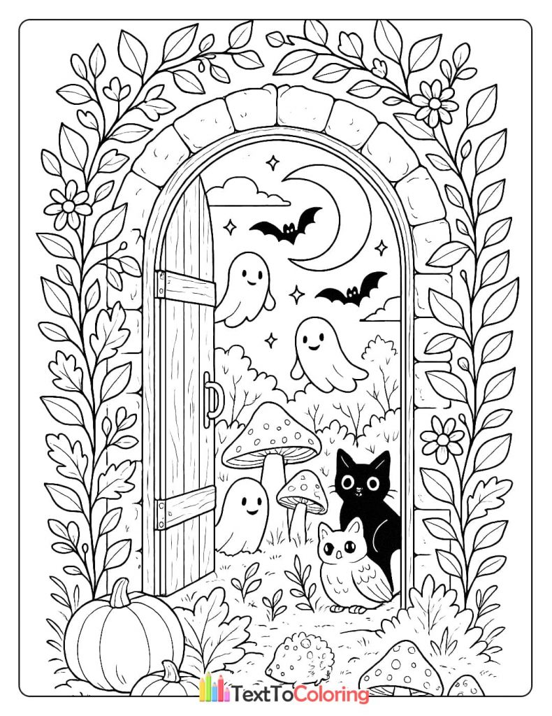 A magical doorway framed by vines, with a black cat, an owl, ghosts, and bats on the other side.