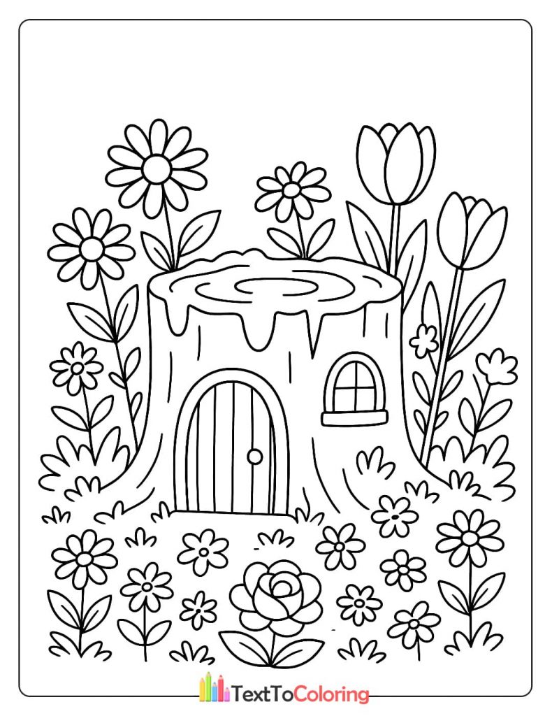 Fantasy coloring page of a fairy tree stump house with a round door and a window, surrounded by flowers.