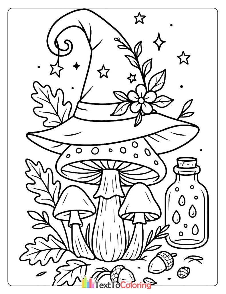 A witch's hat decorated with leaves and flowers, sitting on top of a cluster of mushrooms next to a potion bottle.