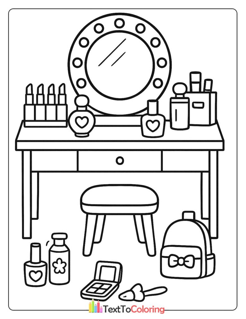 A detailed coloring page of a vanity table with a large mirror, makeup brushes, lipsticks, and a cute backpack.