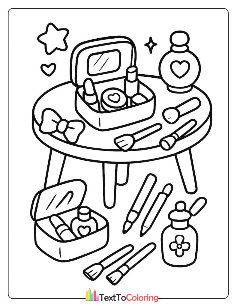 A coloring page of a table with makeup items, including an open makeup case, brushes, lipstick, and a bottle of perfume.