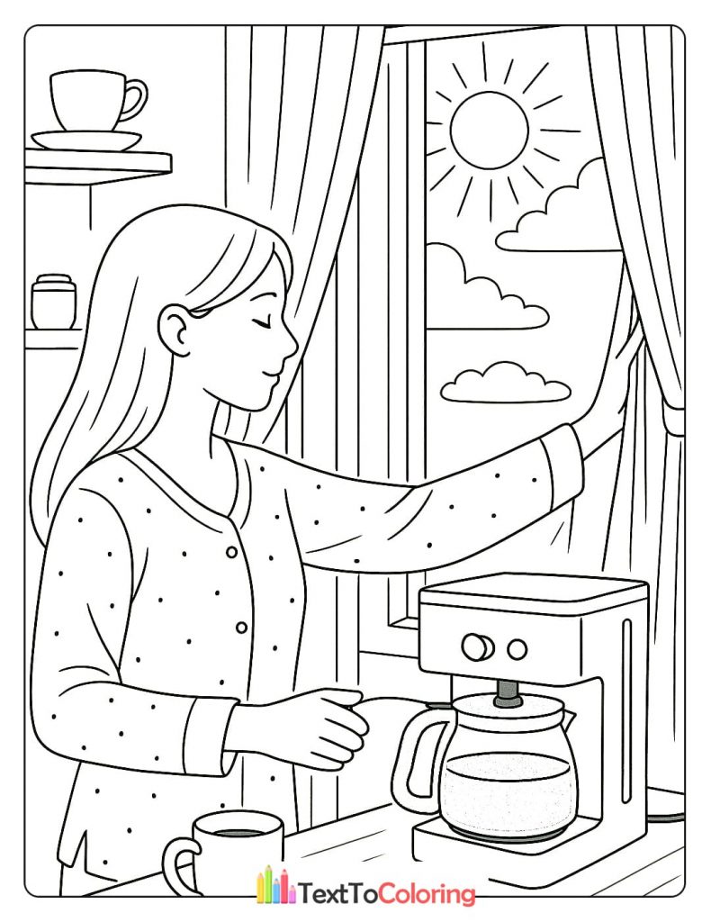 A person opens the curtains and makes coffee in a coffee machine.