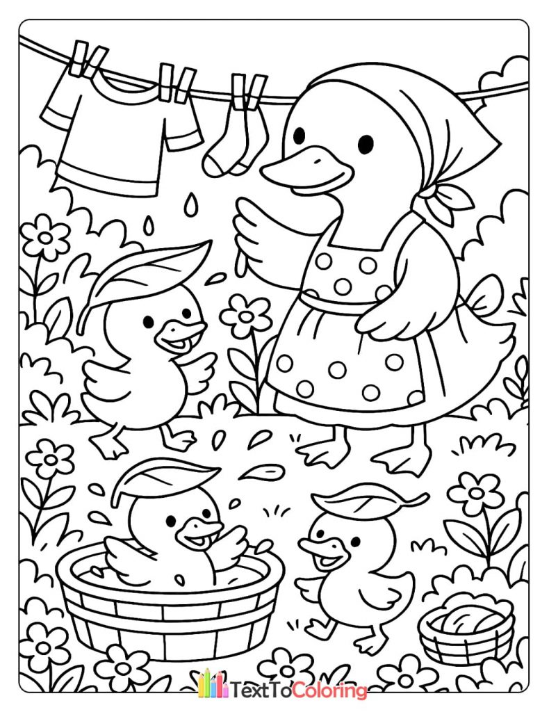 A cute coloring page of a mother duck in a dress and her ducklings doing laundry in a garden.