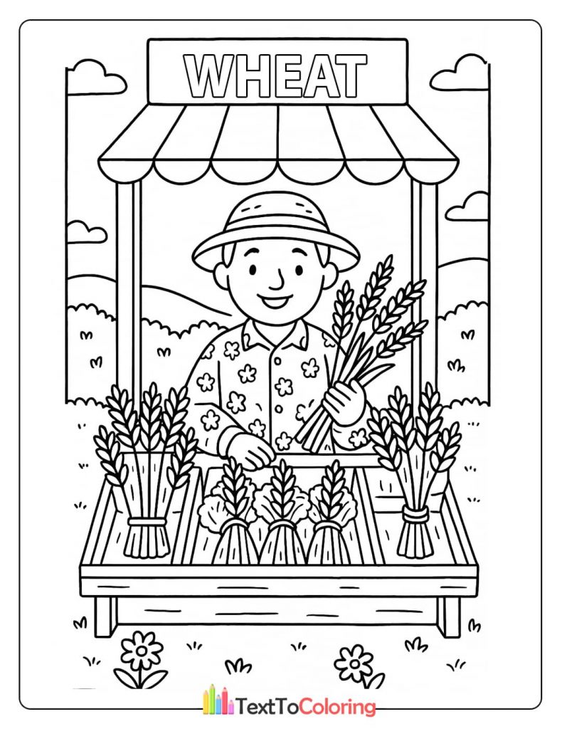 A printable coloring page of a smiling male farmer holding a bundle of wheat at his market stall.