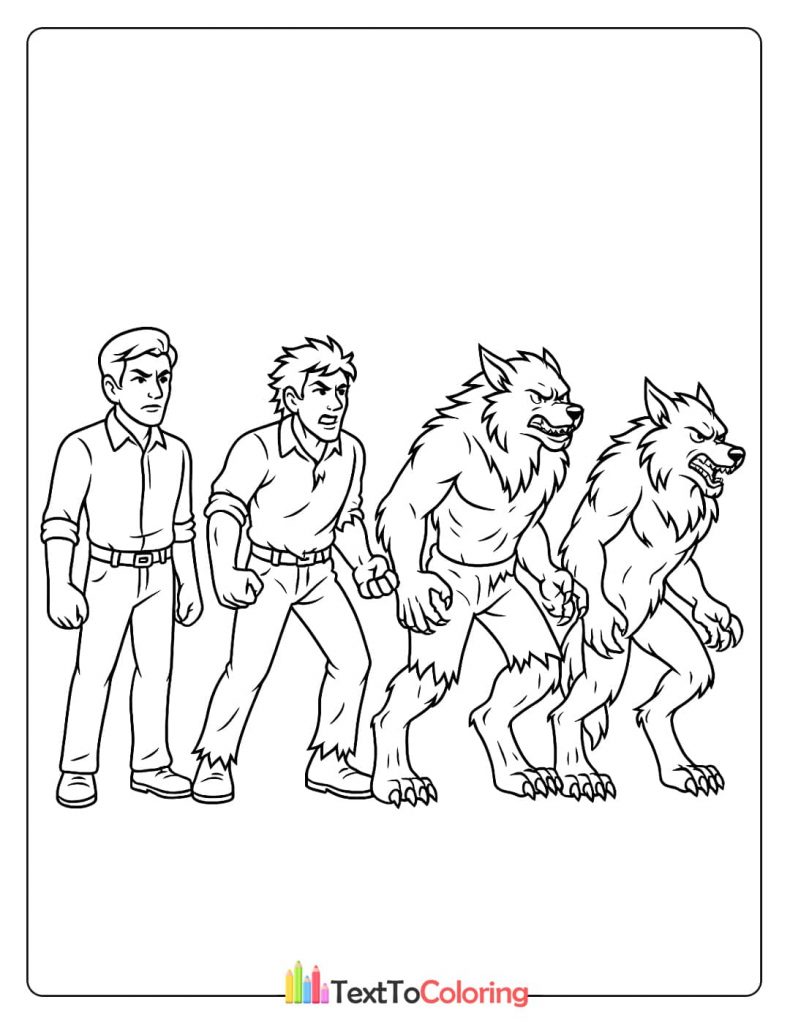 A sequence of images showing a man transforming into a ferocious werewolf.