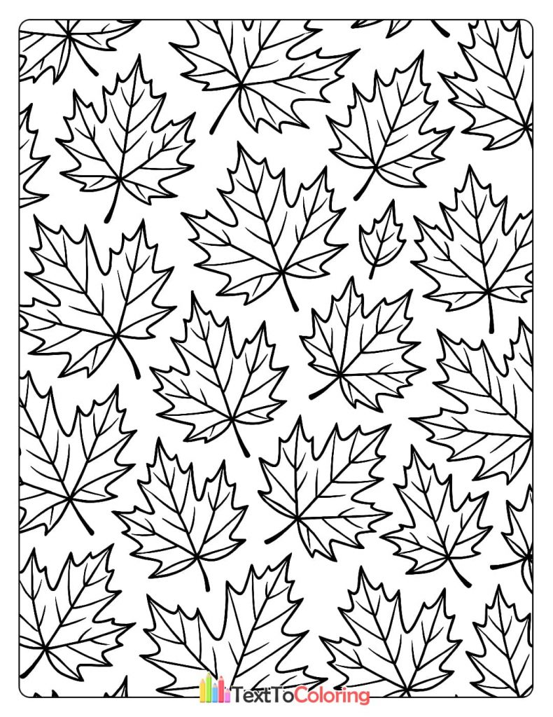 A simple, repeating pattern coloring page of multiple maple leaves.