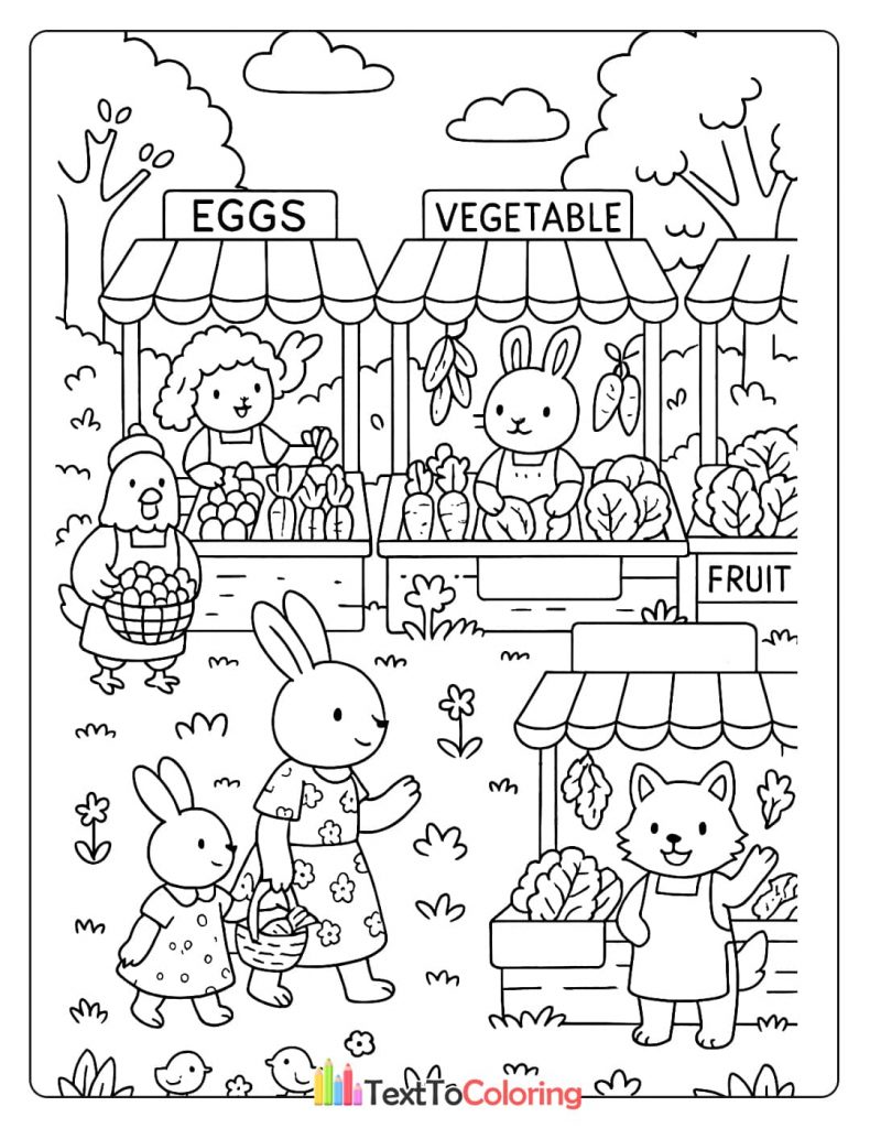 A printable coloring page showing a busy market with different animal vendors selling eggs, vegetables, and fruit.