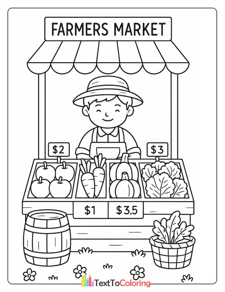 A printable coloring page of a young vendor selling fruits and vegetables with prices displayed, including apples, carrots, and cabbage.