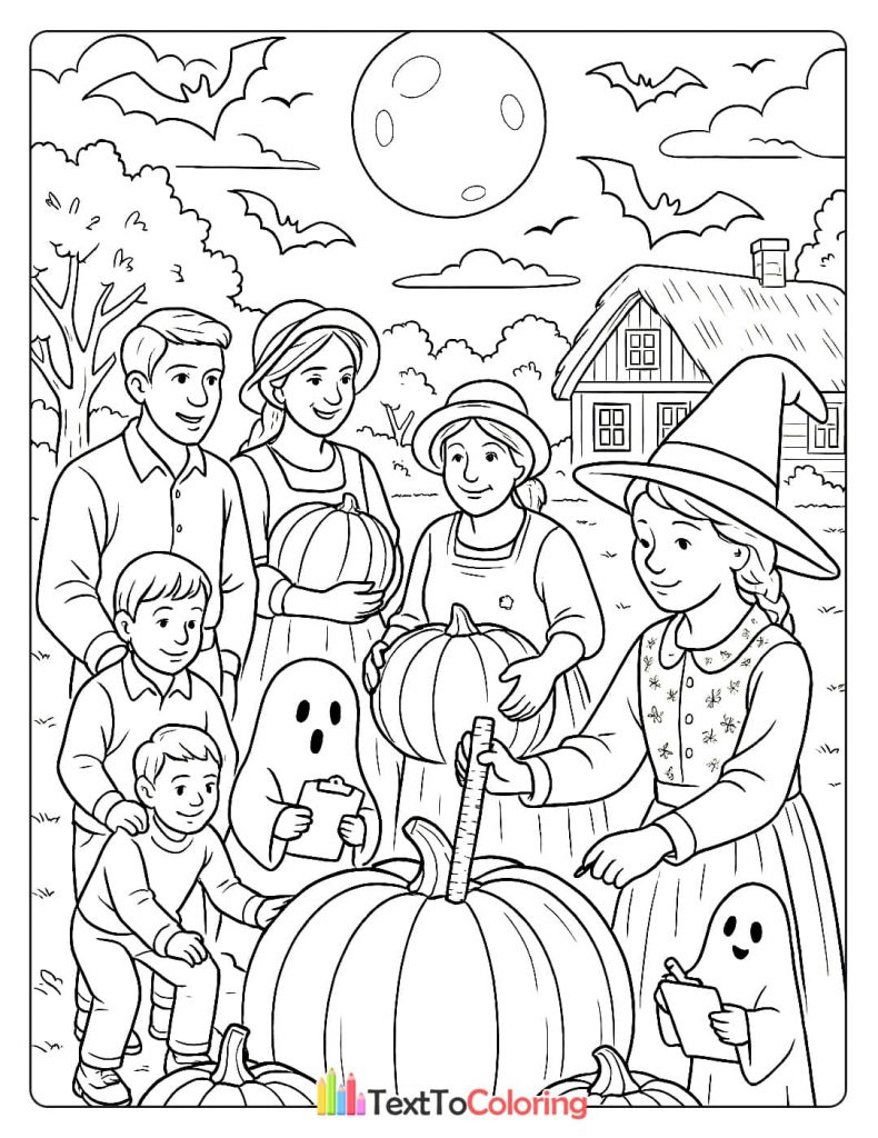 A family and two ghosts measuring a giant pumpkin with a ruler, with bats flying and a cottage in the background.
