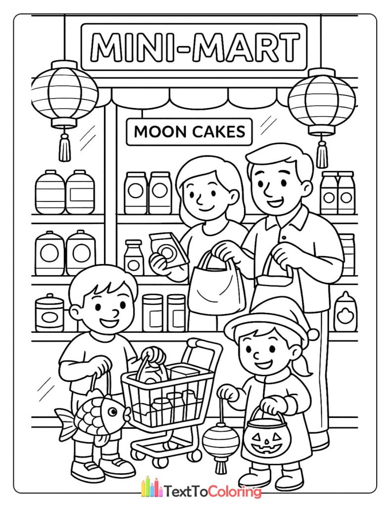 A family buying mooncakes and holding lanterns at a mini-mart decorated with traditional lanterns.