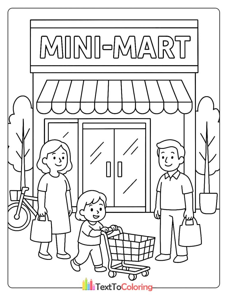 A family, including a mother, father, and child, standing outside a mini-mart with a small shopping cart and shopping bags.