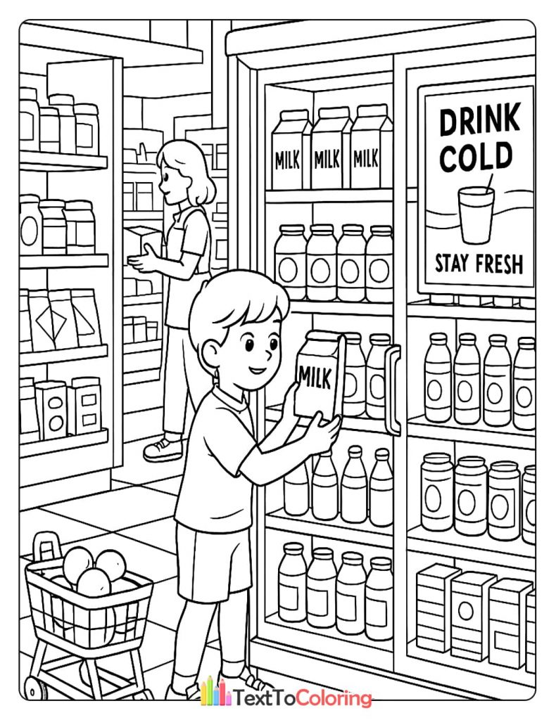 A boy reaching for a carton of milk from a refrigerated shelf inside a mini-mart, with a woman shopping in the background.