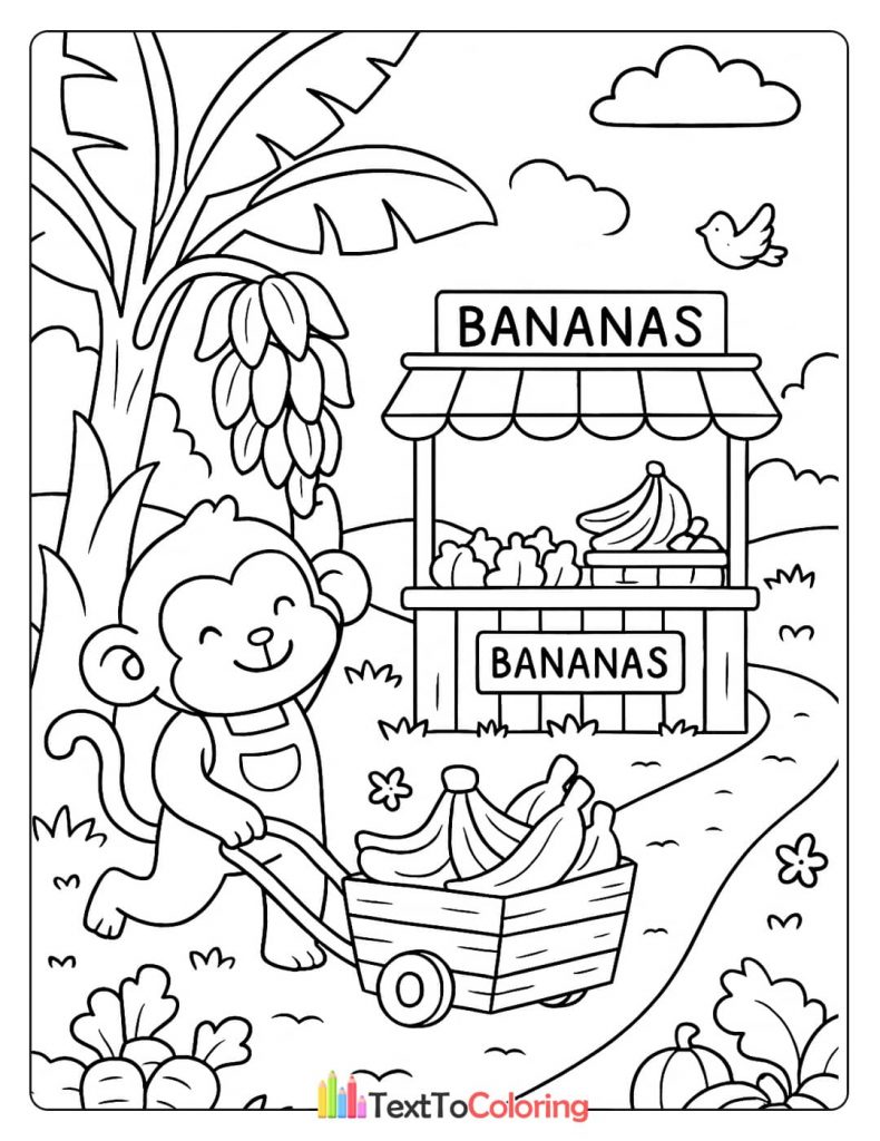 A printable coloring page of a monkey pushing a cart of bananas toward a "Bananas" market stand.