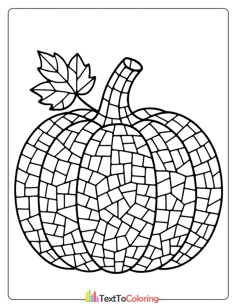 A mosaic-style drawing of a pumpkin with a leaf.