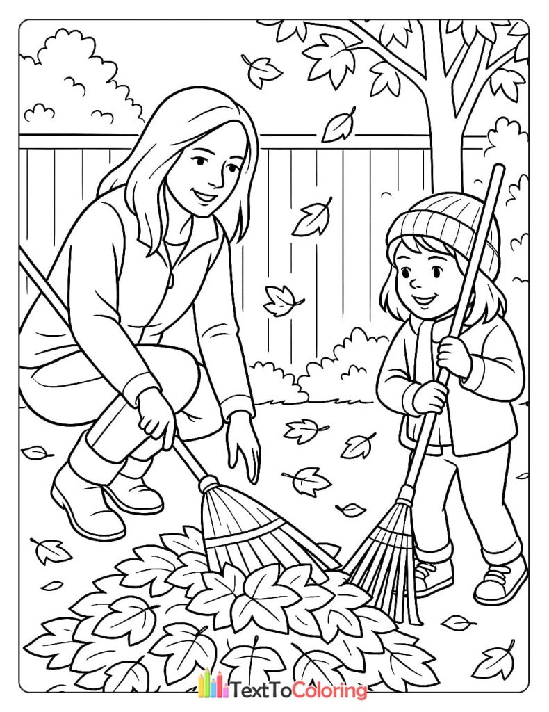 A heartwarming coloring page of a mother and daughter raking a pile of autumn leaves together in their yard.