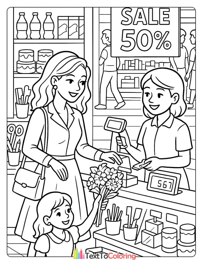 A mother and daughter at a mini-mart checkout. The daughter is holding flowers for the cashier, and a "Sale 50%" sign is in the background.