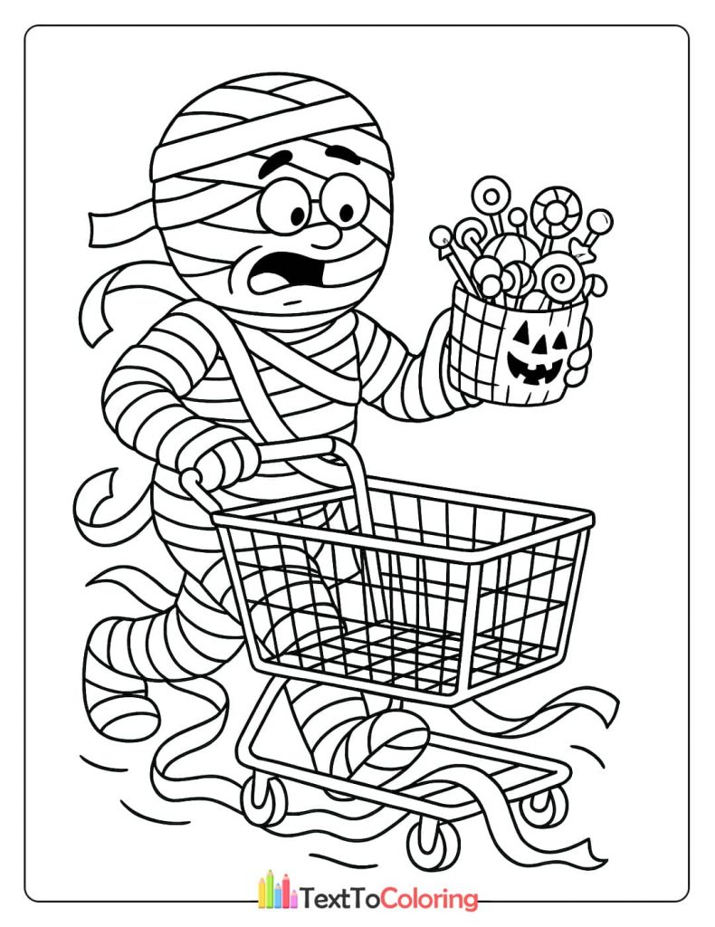 A mummy looking surprised while pushing a shopping cart and holding a basket of Halloween candy.