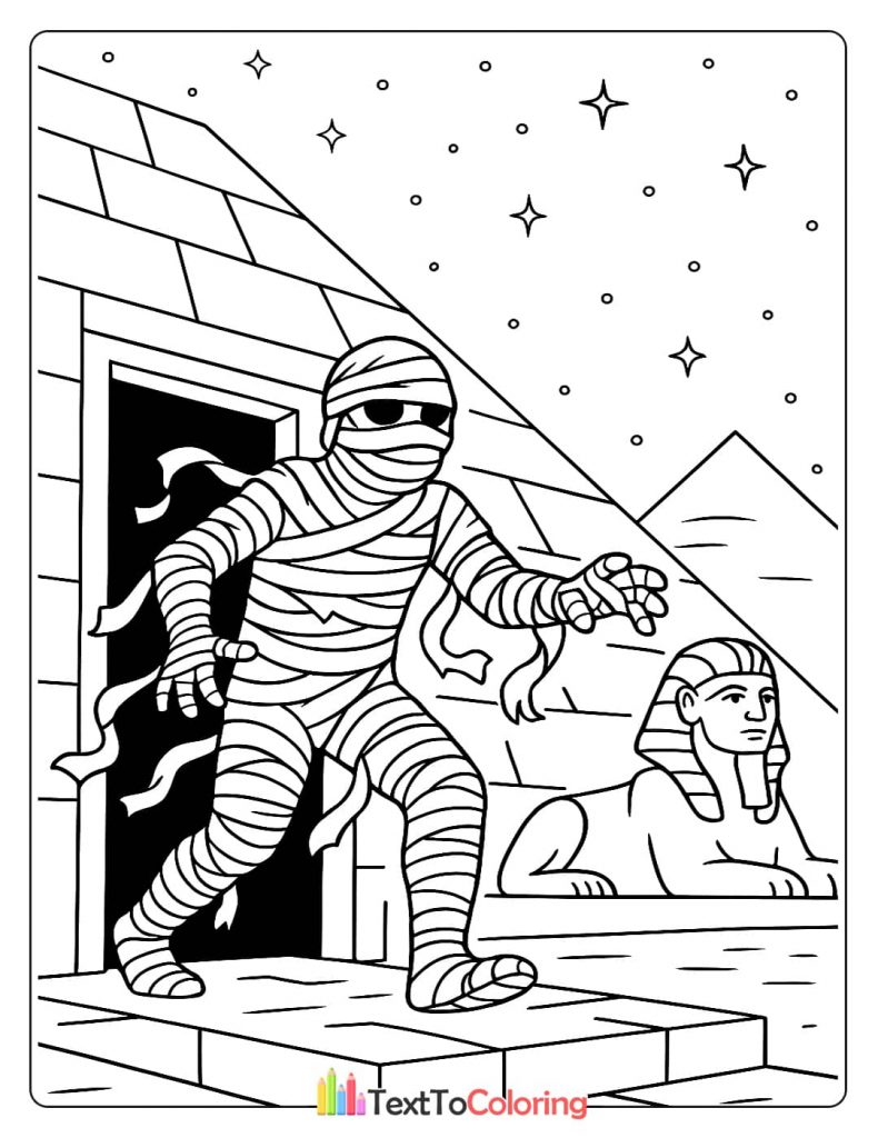 Mummy monster walking out of pyramid with Sphinx statue