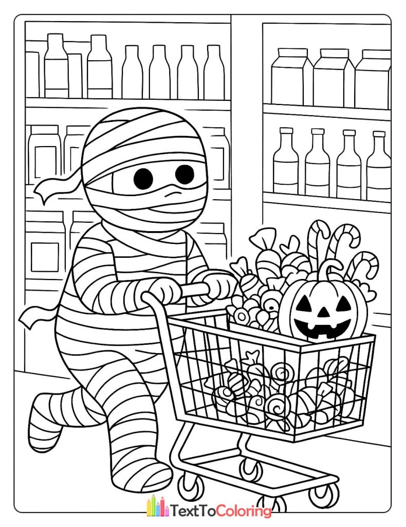 Cartoon mummy pushing a full shopping cart of Halloween candy