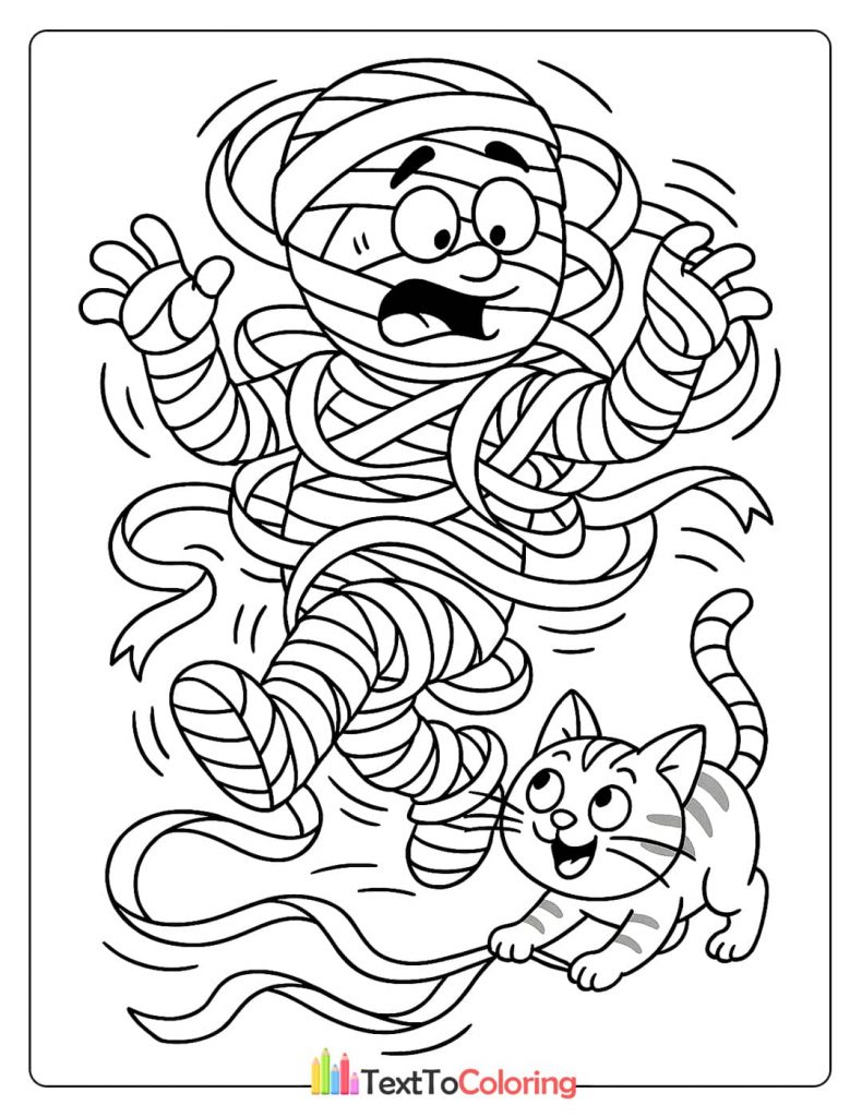 A mummy looking scared as its wrappings are being unrolled by a mischievous cat.