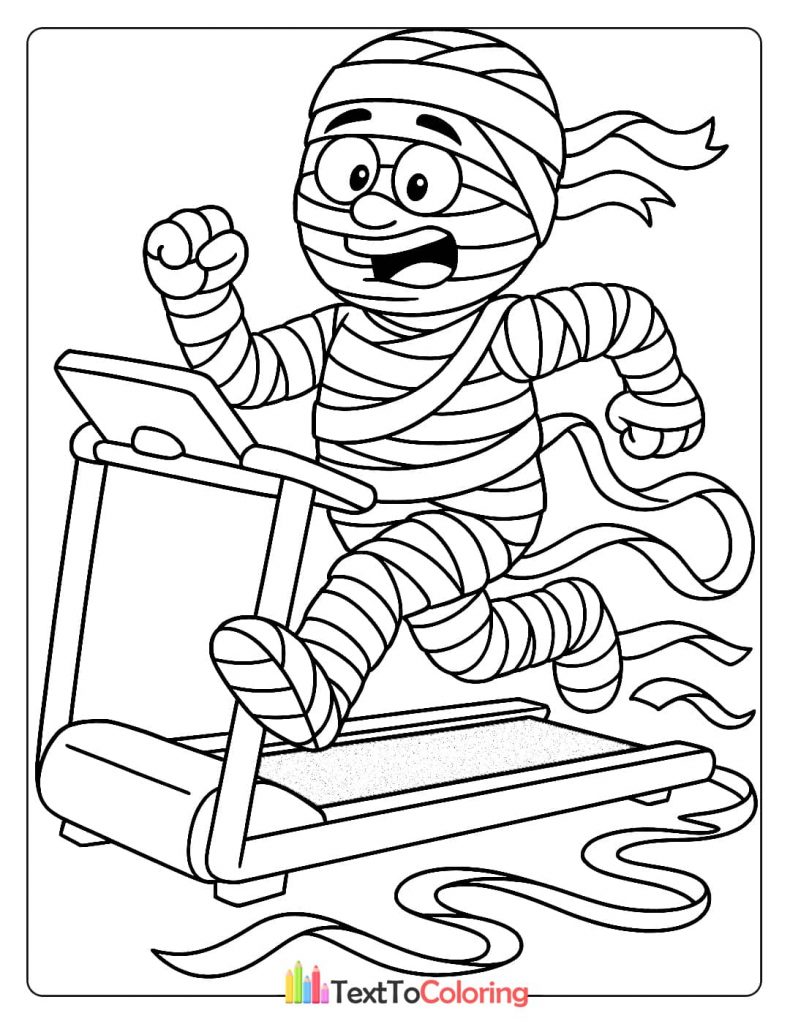 A mummy running on a treadmill, with its wrappings unraveling behind it.