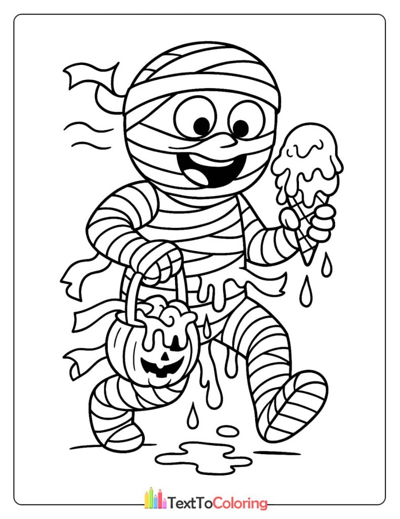A mummy excitedly holding a dripping ice cream cone and a pumpkin trick-or-treat basket.
