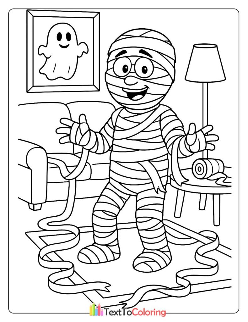A mummy standing in a living room, completely wrapped with bandages that have unrolled and are tangled on the floor. A roll of bandages is on a side table.