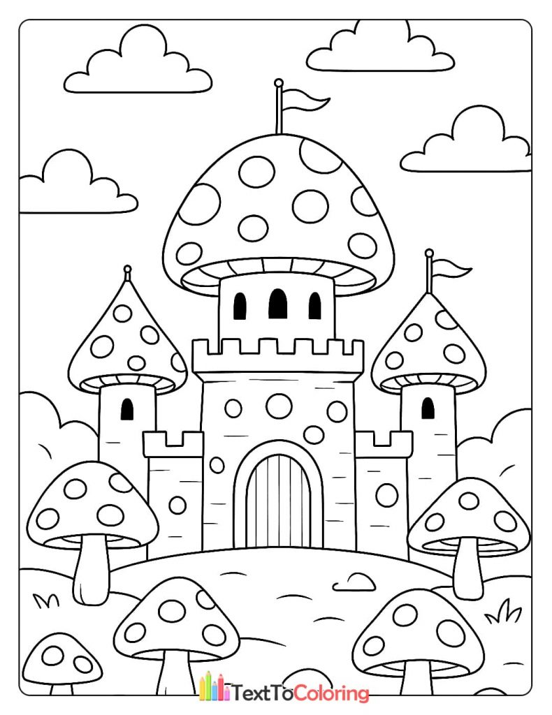 A fairytale castle with mushroom-shaped towers, surrounded by large mushrooms and clouds.