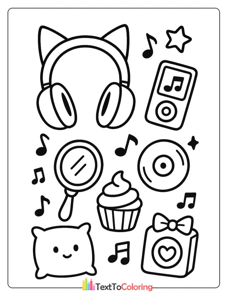 A collection of music-related items for coloring, including cat-ear headphones, a music player, a cupcake, and a cute pillow.