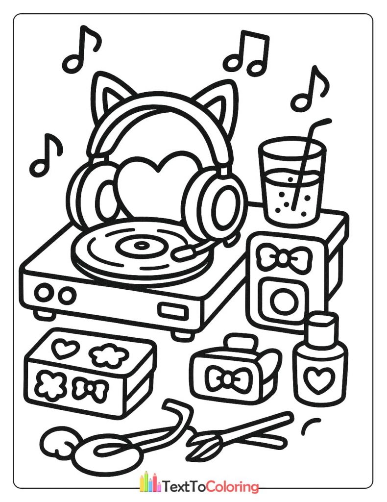 A lively music scene for coloring, with a record player, cat-ear headphones, a speaker with a bow, and a refreshing drink.
