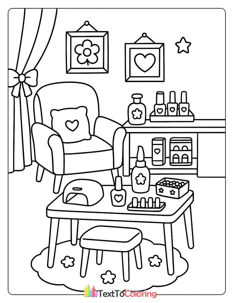 A cozy nail salon scene with an armchair, table, and various nail care products, perfect for coloring.