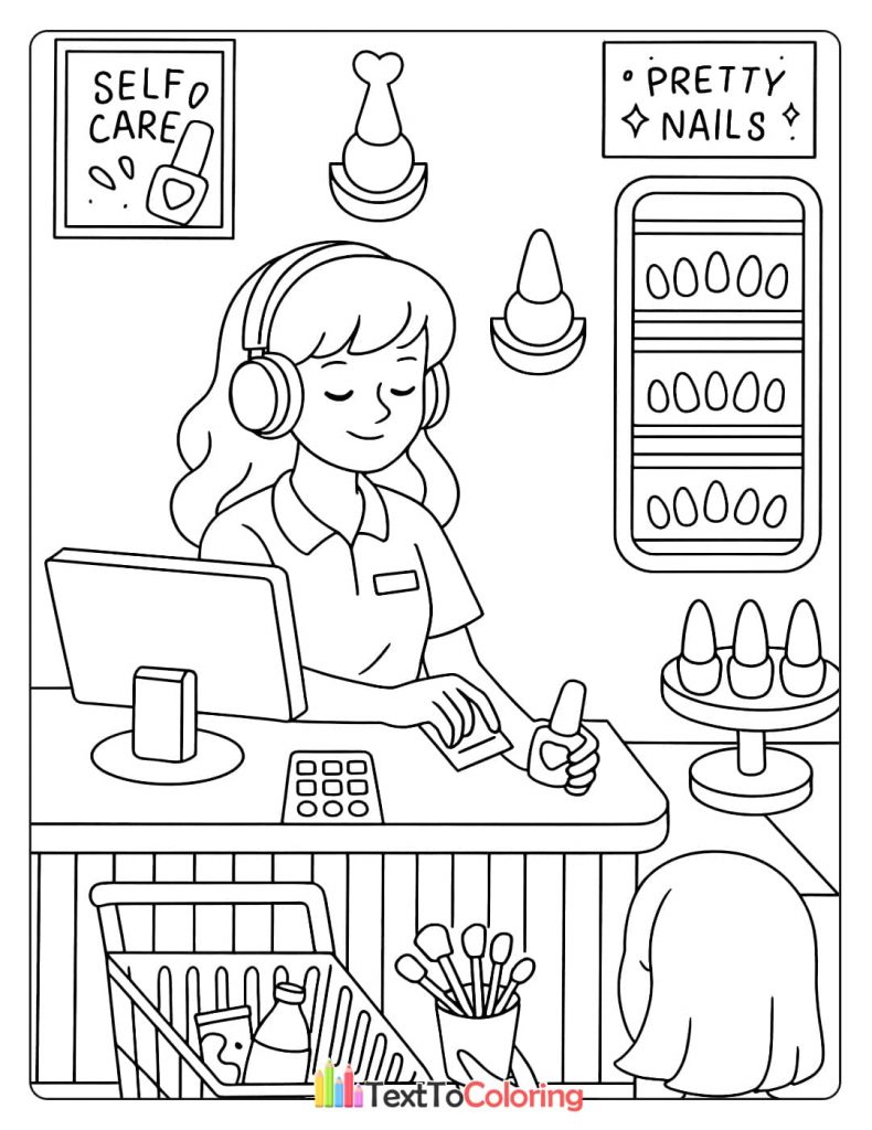 A mini-mart cashier working at the checkout counter, with shelves of nail polish and other beauty products behind her. The sign says "Pretty Nails."