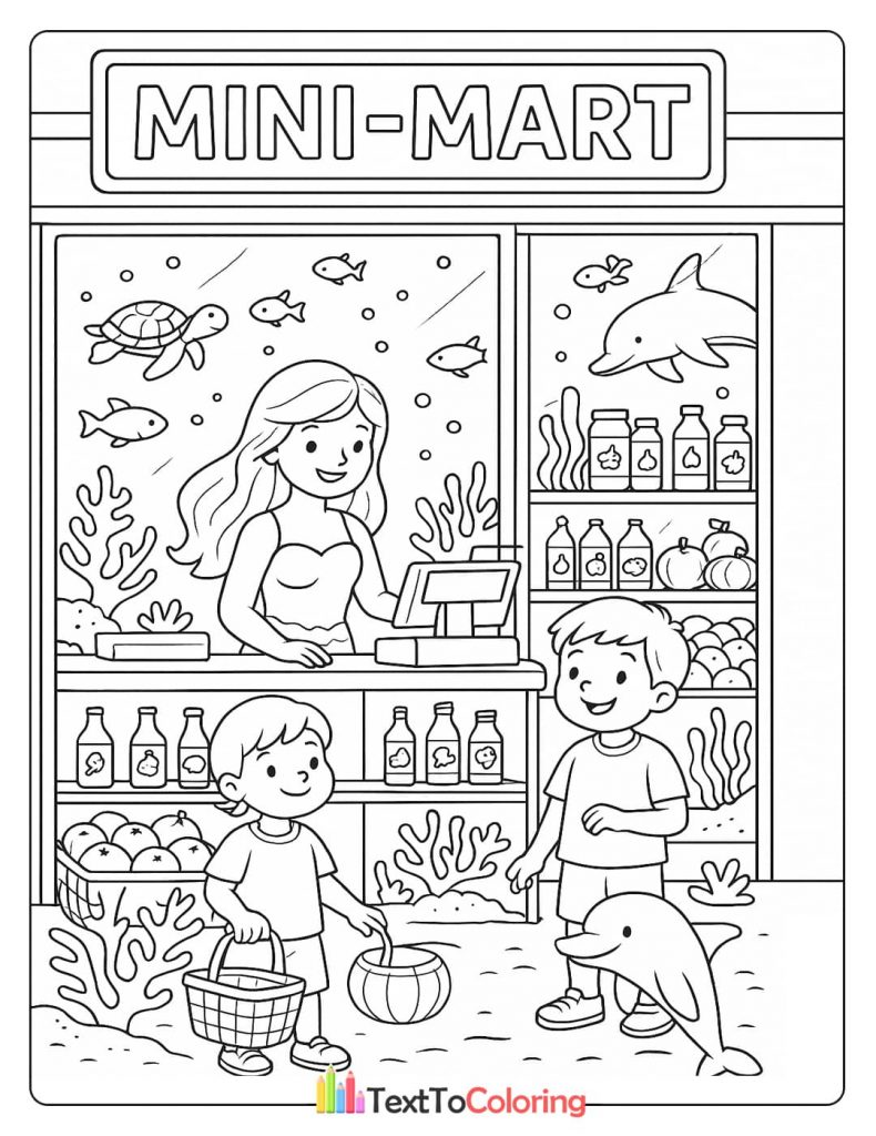 Two boys shopping at an underwater mini-mart with a mermaid cashier. Fish, a turtle, and a dolphin are swimming around them.