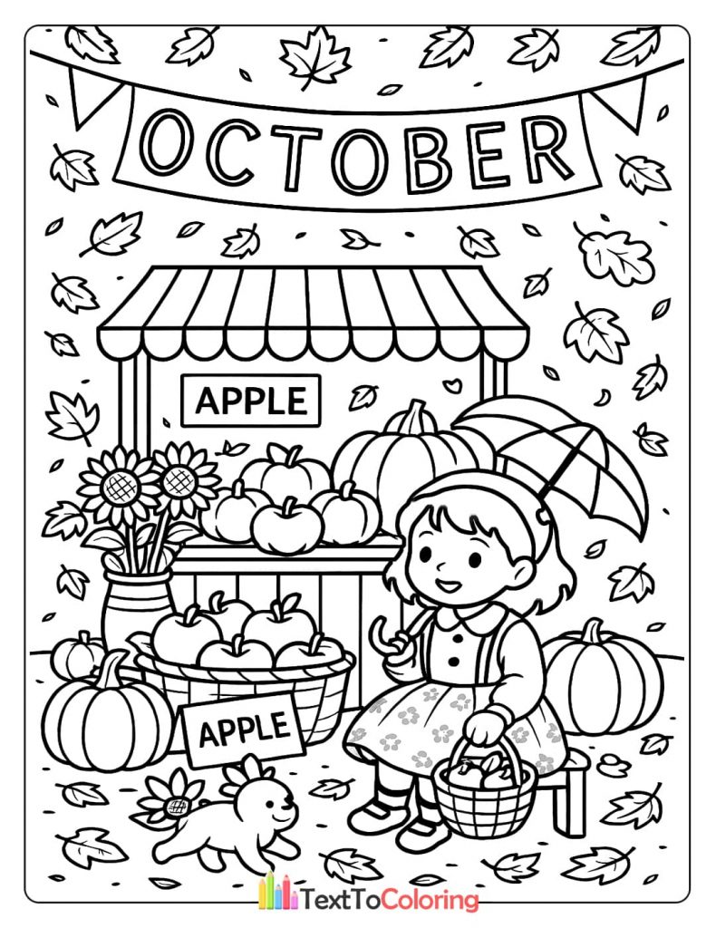 A girl with an umbrella and a basket at a festive apple and pumpkin stand. A banner reads "October."