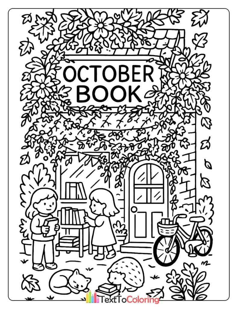 Two girls looking at books in front of an "October Book" shop, with a hedgehog and a cat nearby.