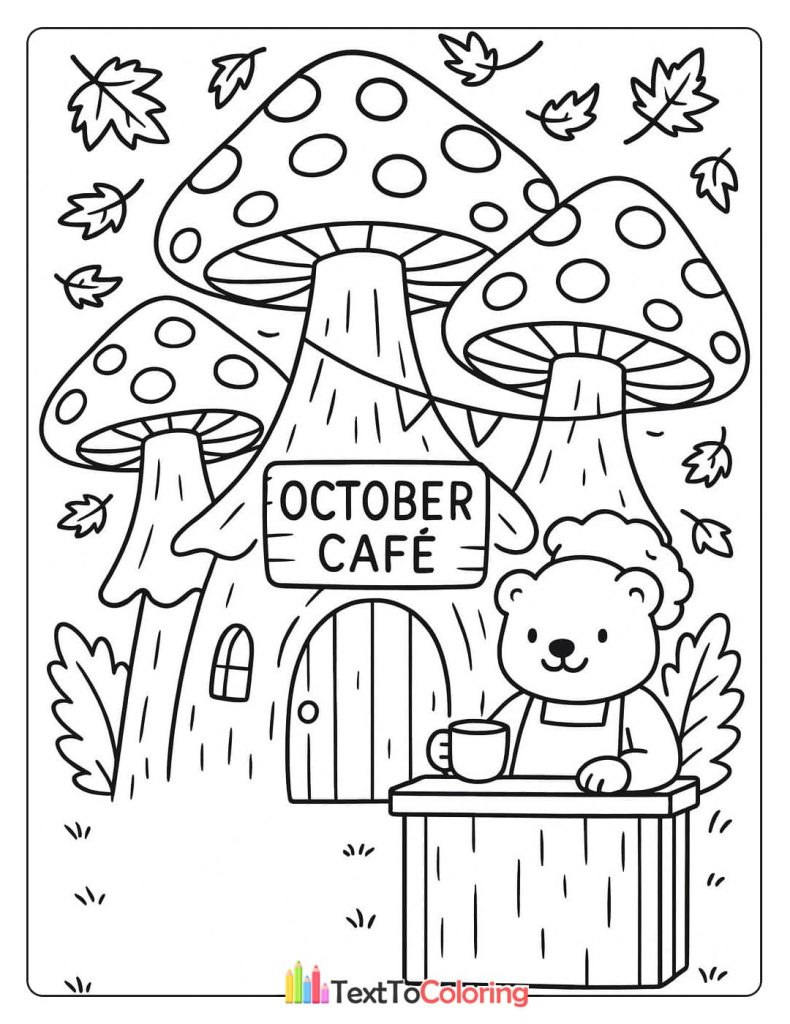 A cute bear serving coffee at the "October Cafe," a shop with mushroom-shaped buildings.