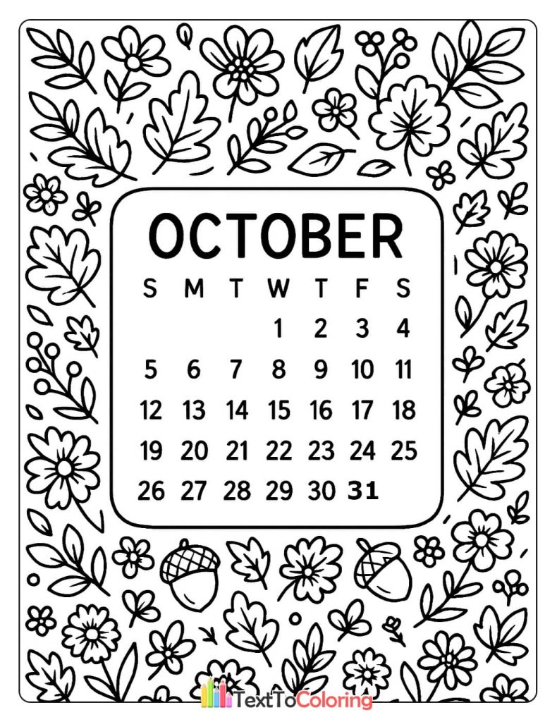 A calendar for the month of October, surrounded by a decorative border of autumn leaves, acorns, and flowers.