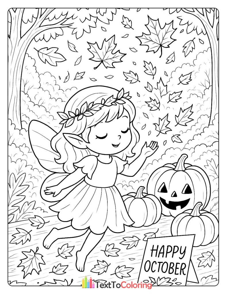 A magical autumn fairy with wings and a flower crown, surrounded by pumpkins and falling leaves.