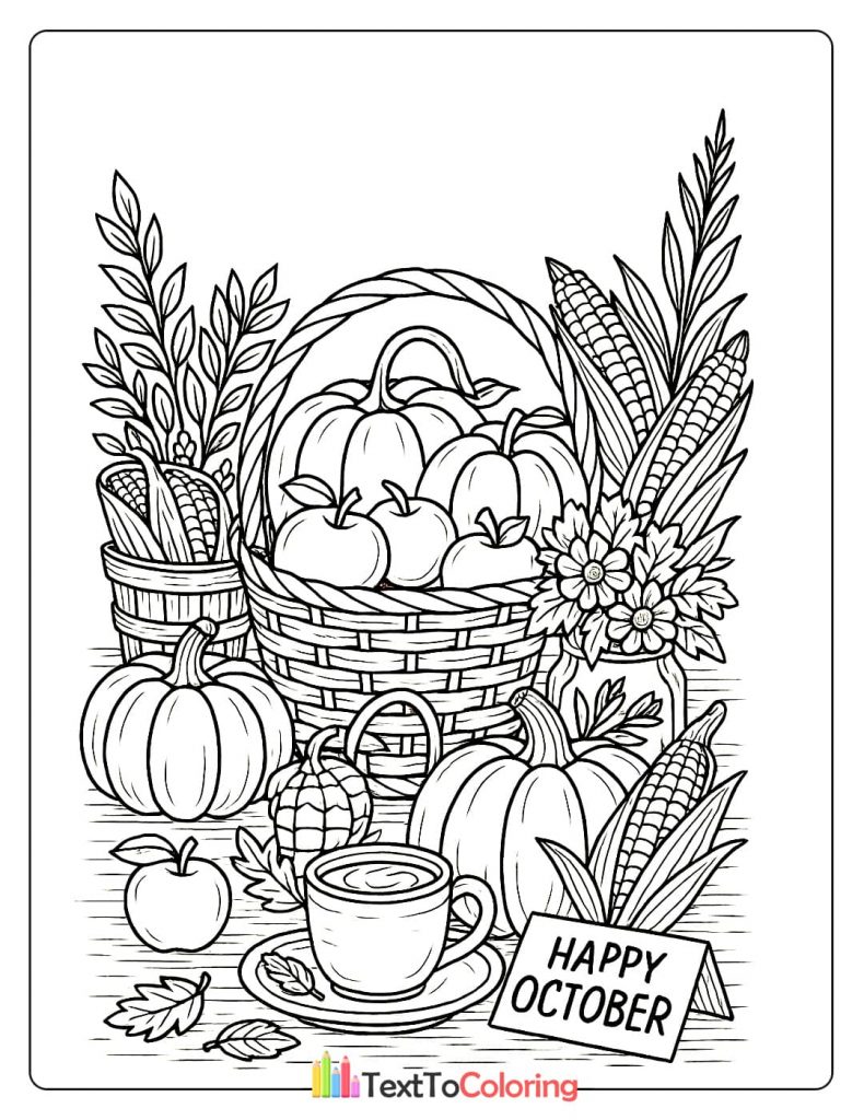 A beautiful harvest still life with a basket of pumpkins and apples, corn, and a cup of coffee.