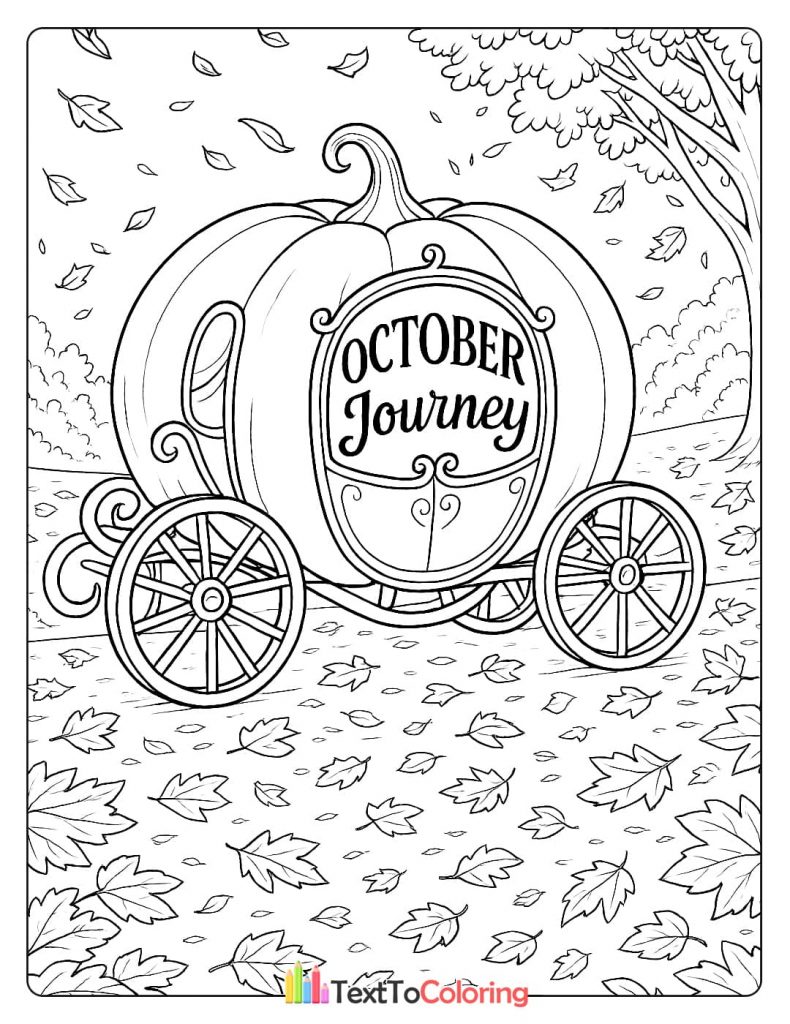 A fantasy pumpkin carriage with "October Journey" on its door, rolling through a path covered in fallen leaves.