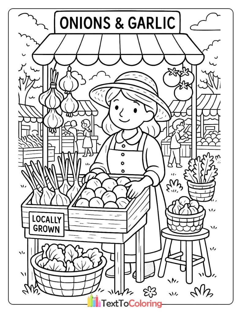 A printable coloring page of a female farmer selling locally grown onions and garlic at a busy outdoor market.
