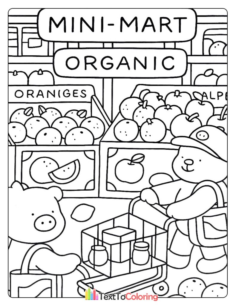 A bear and a pig shopping for organic produce like oranges and apples at a mini-mart.