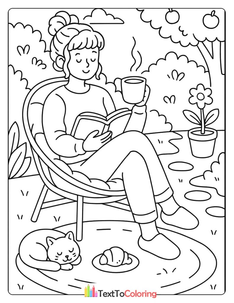 A woman reads a book and drinks tea in a garden with a sleeping cat nearby.