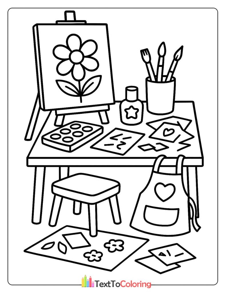 A coloring page of an art table with an easel, a painting of a flower, paint brushes, and an apron with a heart.
