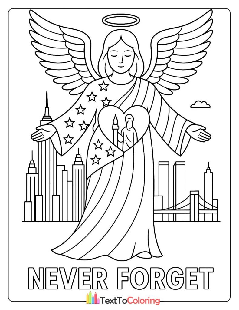 An angel with a halo and American flag dress watching over a city skyline