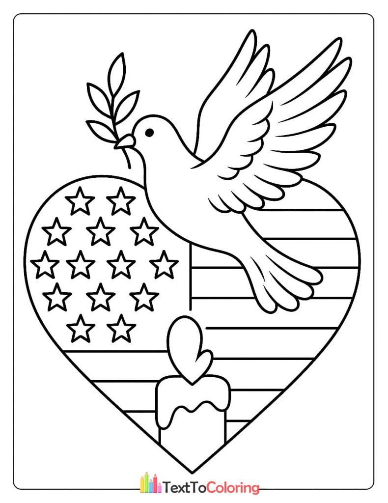 Patriot Day coloring page with a dove and an American flag heart