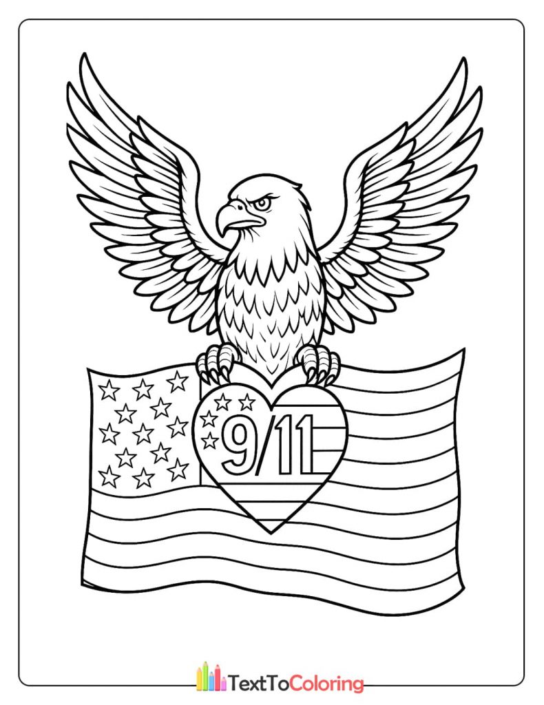 A bald eagle sitting on an American flag with a heart on Patriot Day
